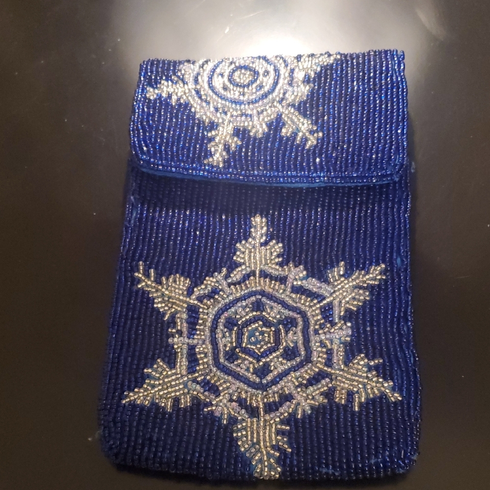 Neiman Marcus Blue Beaded Clutch with Silver Accents